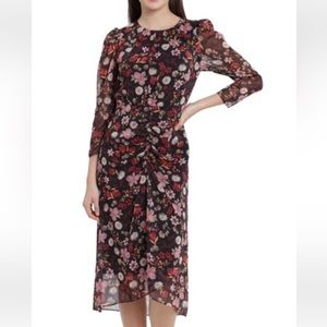MAGGY LONDON Floral Print Shirred Long Sleeve Chiffon Midi Dress